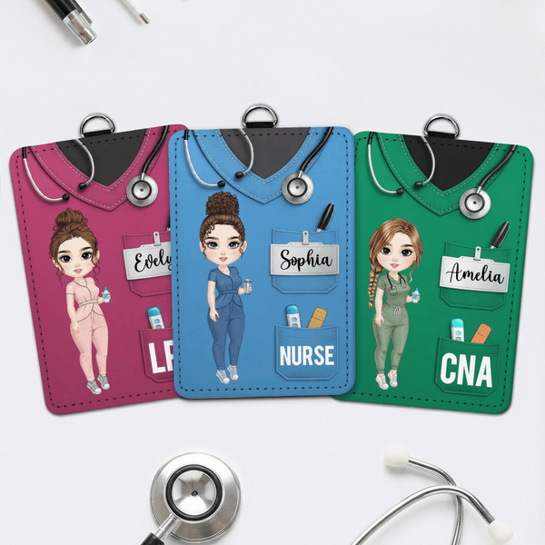 Personalizzato personaggio dei cartoni animati Porta badge in pelle PU con nome e professione Infermiere Giorno di apprezzamento regalo per il personale medico infermieristico