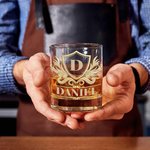 Personalized Golden Shield 10 oz Bourbon Whiskey Glass with Initial and Name Father's Day Birthday Gift for Grandpa Dad