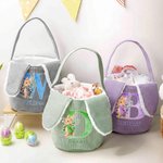 Personalized Cute Watercolor Bunny Corduroy Easter Basket with Name and Initial Outdoor Activities Easter Egg Hunting Gift for Kids