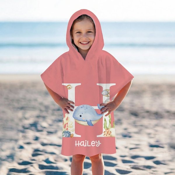 Personalised Sea Animal Soft Quick Dry Hooded Beach Towel with Initial and Name Travel Essential Beach Party Birthday Gift for Kids