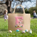 Personalized Cute Plush Effect Bunny Easter Eggs Initial Large Jute Tote Bag with Name Daily Use Easter Gift for Boys Girls