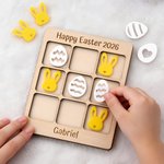 Personalised Cute Easter Bunny Dinosaur Egg Wooden Tic Tac Toe Board with Name Basket Filling Party Game Easter Gift for Kids