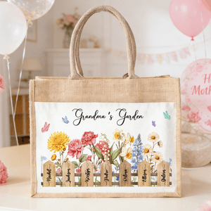 Personalised Watercolor Birth Flower Large Jute Tote Bag with 1-7 Names and Front Pocket Daily Use Mother's Day Gift for Mom Grandma