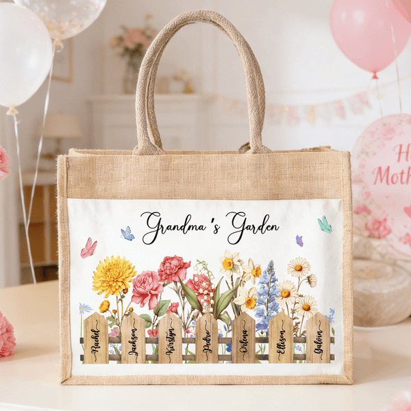 Personlig akvarell Födelseblomma Stor Jute Tote Bag med 1-7 namn och framficka Daglig användning Mors dag present till mamma mormor