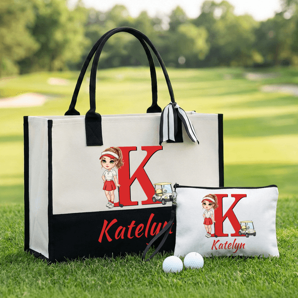 Personalisierte Cartoon Golf Charakter große Tragetasche tragbare Kosmetiktasche mit Initialen und Namen Geburtstag Geschenk für Frauen Golfliebhaber