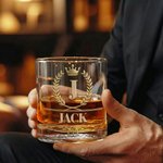 Personalized Golden Shield 10 oz Bourbon Whiskey Glass with Initial and Name Father's Day Birthday Gift for Grandpa Dad