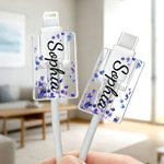 Personalised Heart Butterfly Flower Clear Cable Protector with Name for iPhone Type-C Charger Set of 2 Birthday Anniversary Gift for Family Friends
