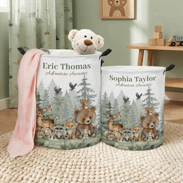 Personalized Forest Animal Laundry Basket with Name and Handle Home Decor Daily Use Birthday Gift for Kids