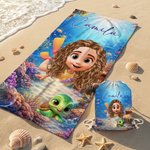 Personalizzato Personaggio subacqueo carino 3D Asciugatura rapida Asciugamano da spiaggia in microfibra sovradimensionato con nome e borsa con coulisse Festa in spiaggia Regalo di compleanno per bambi