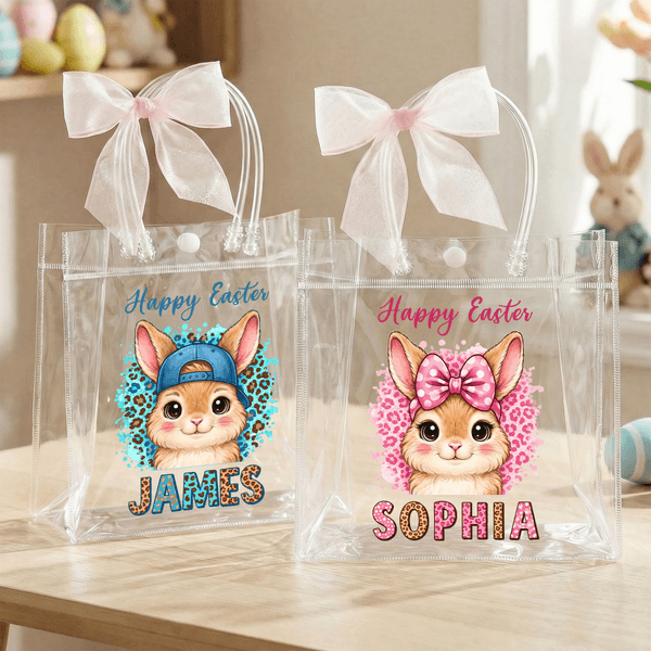 Personlig Happy Easter Cute Bunny Pink Ribbon Påskegavepose med navn Daglig bruk Påskegave til familien Jenter
