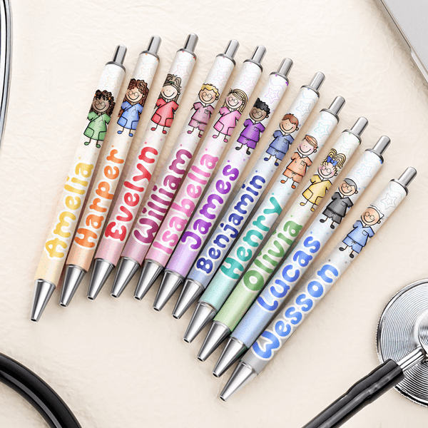 Personalised Cute Simple Line Nurse Draw Multicolour Retractable Glitter Ballpoint Pen with Name Appreciation Birthday Gift for Medical Staff