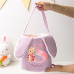 Personalized Cute Watercolor Bunny Corduroy Easter Basket with Name and Initial Outdoor Activities Easter Egg Hunting Gift for Kids