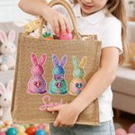 Personalized Diamond Design Effect Heart Rabbit Large Jute Bag with Name Daily Use Easter Gift for Kids Family