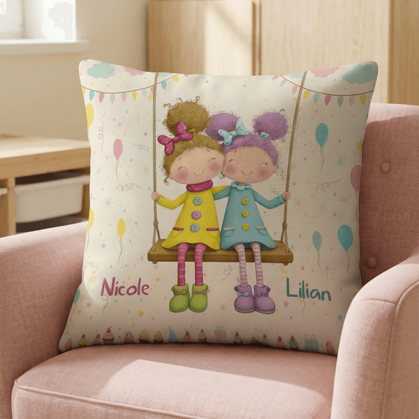 Personalized Watercolor Style Character Besties Throw Pillow Cover with Name Home Decor Birthday Gift for Girls