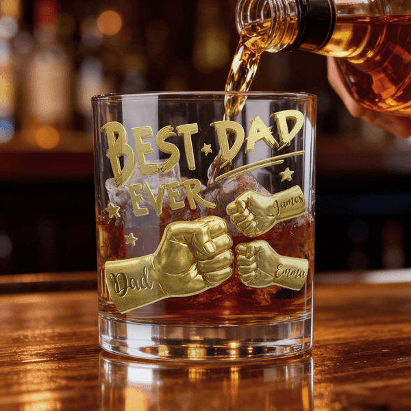 Personalized Best Dad Ever Fist 10 oz Rock Whiskey Glass with Names Old Fashioned Father's Day Birthday Gift for Man Whiskey Lover