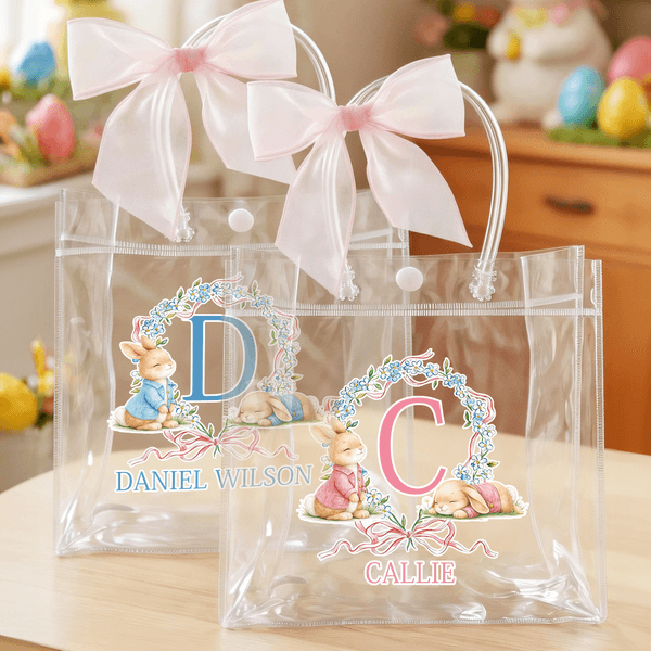 Personalized Bow Rabbit Initial Clear Gift Bag with Name Easter Holiday Party Favors Gift for Boys Girls