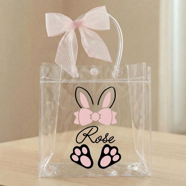Personalisierte rosa Schleife Bogen Hasenohren Transparente Tasche mit Namen Eier Jagd Party Gunst Ostern Geschenk für Jungen Mädchen