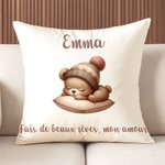 Housse d'Oreiller Personnalisée avec Nom Date Texte et Motif Lapin Ours Dormant Animal Doux Décoration d'Intérieur Cadeau d'Anniversaire pour Enfants