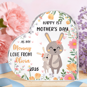 Personalized Cute Cartoon Animal Heart-Shaped Acrylic Plaque with Name and Year Anniversary Mother's Day Gift for New Mom