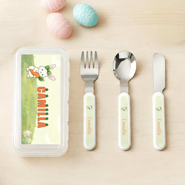 Personalized Cute Bunny Carrot Kid's Fork Spoon Knife 3 Pcs Cutlery Set with Name and Case Back to School Season Birthday Gift for Boys Girls