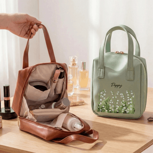 Personalised Birth Flower PU Leather Handheld Makeup Bag with Name Birthday Anniversary Easter Gift for Woman Best Friend Mom