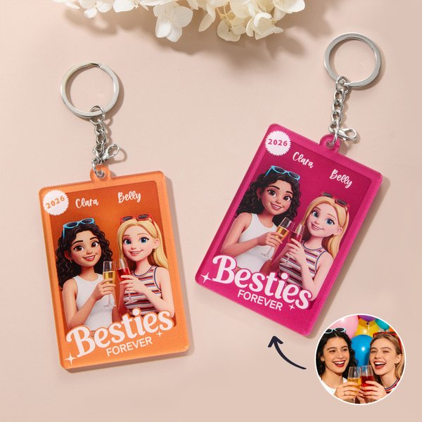 Gepersonaliseerde Besties Forever Cartoon Foto Acryl Sleutelhanger met Naam en Jaar Verjaardag Gift voor Vrienden Besties