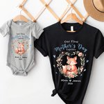 Personalised Cute Animal Mom Baby Floral Heart 100% Cotton T-shirt Baby Bodysuit with Name First Mother's Day Gift for Baby Mom