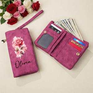 Personalized Birth Flower PU Leather Tri-Fold Wallet with Wrist Strap and Name Mother's Day Birthday Gift for Mom Grandmother