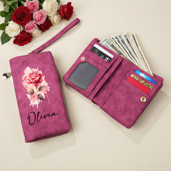 Personlig födelseblomma PU-läder Tri-Fold plånbok med handledsrem och namn Mors dag Födelsedagspresent till mamma mormor
