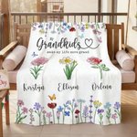 Personalised 1-6 Crystal Birth Flowers Soft Throw Blanket with Names Home Decor Mother's Day Gift for Grandma