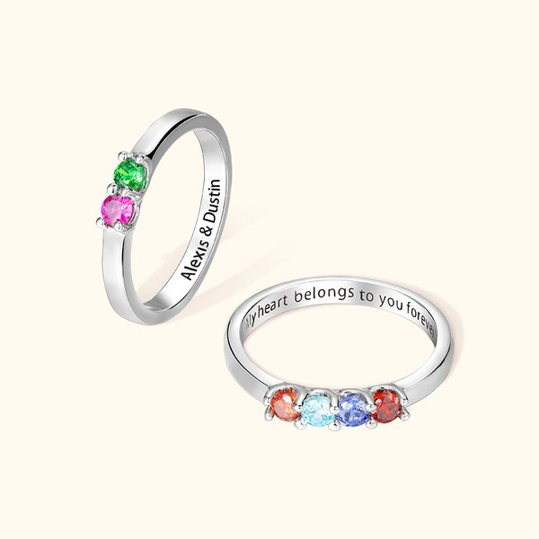 Personalized Sterling Silver Elegant 1-8 Birthstones Ring with Engraved Text Mother's Day Birthday Gift for Mom Grandma