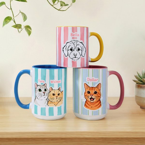 Personalizada acuarela línea de dibujo de la foto del animal doméstico a rayas taza de cerámica con el nombre de uso diario mascota recuerdo de regalo para el dueño del animal doméstico amante