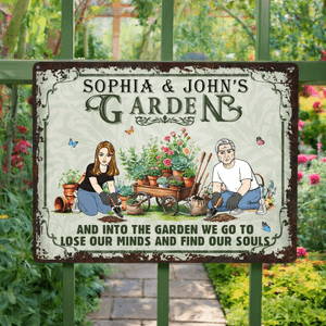 Personalized Garden Theme Cartoon Character Horizontal Metal Sign with Name Garden Door Decor Birthday Gift for Grandma Mom Garden Lover