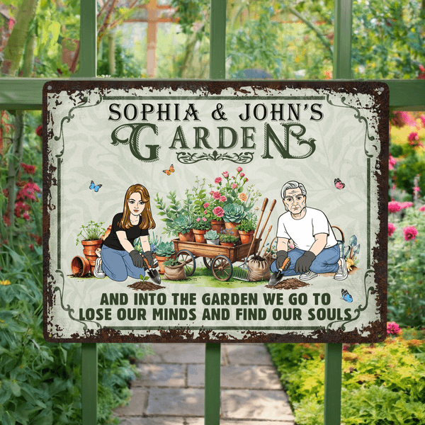 Personalized Garden Theme Cartoon Character Horizontal Metal Sign with Name Garden Door Decor Birthday Gift for Grandma Mom Garden Lover