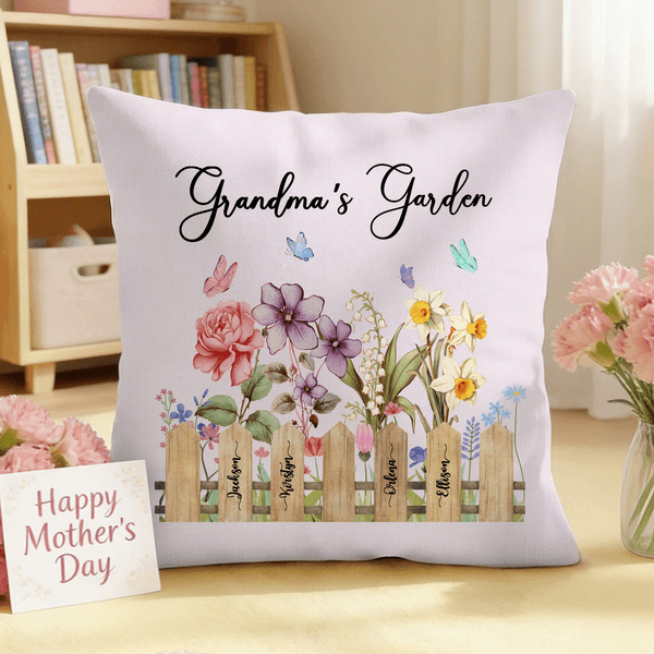 Personalized Birth Flower Soft Throw Pillow Cover with 1-7 Names Home Decor Birthday Mother's Day Gift for Mother Grandmother