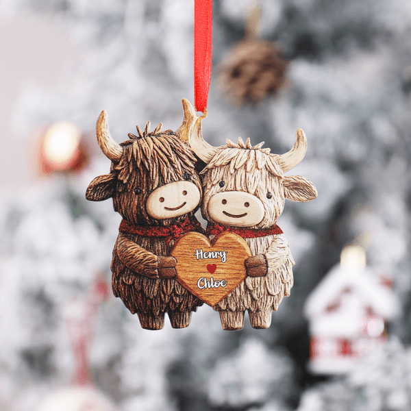 Personalised Highland Cow Love Acrylic Ornament with Names Home Decor Valentine's Day Anniversary Gift for Couple