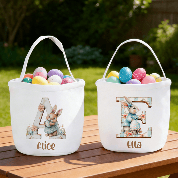 Personalized Cute Bunny Egg Easter Basket with Name and Initial Easter Party Eggs Hunting Gift for Kids