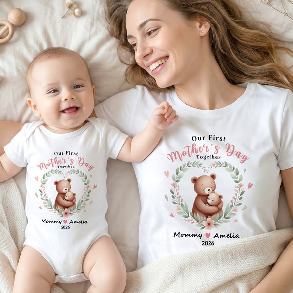 Personalised Cute Animal Mom Baby Floral Heart 100% Cotton T-shirt Baby Bodysuit with Name First Mother's Day Gift for Baby Mom