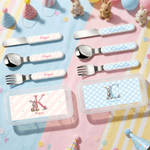 Personalised Cute Rabbit Bunny Initial Fork Spoon Knife 3 Pcs Cutlery Set with Name Back to School Easter Birthday Gift for Boys Girls
