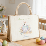 Personalized Cute Bunny Egg Large Jute Bag with Name Easter Egg Hunting Party Gift for Kids Girls