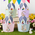 Personalizado lindo conejo de gran capacidad a rayas cesta de Pascua con orejas de conejo inicial y el nombre de los huevos de caza Fiesta de Pascua de regalo para los niños las niñas