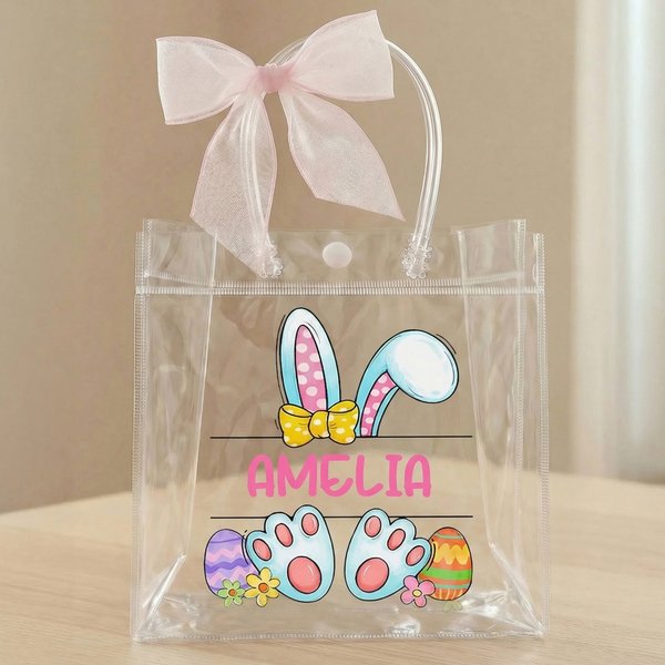 Sacchetto regalo personalizzato con fiocco rosa Orecchie di coniglio trasparente con nome Bomboniere per la festa di Pasqua Regalo per bambini