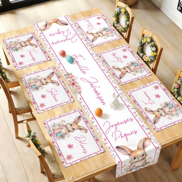 Ensemble chemin de table personnalisé avec motif lapin de Pâques aquarelle et nom - Cadeau Pâques pour famille