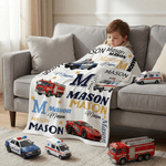 Personnalisé Cartoon Police Car Fire Truck Ambulance Multicolor Soft Throw Blanket with Name Home Decor Daily Use Birthday Gift for Children