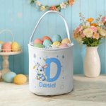 Gepersonaliseerde Canvas Paasmand met Konijntje- en Bloemmotief met Naam en Initiaal Eierenjacht-accessoires Paascadeau voor Jongens en Meisjes