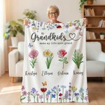 Personalised 1-6 Crystal Birth Flowers Soft Throw Blanket with Names Home Decor Mother's Day Gift for Grandma
