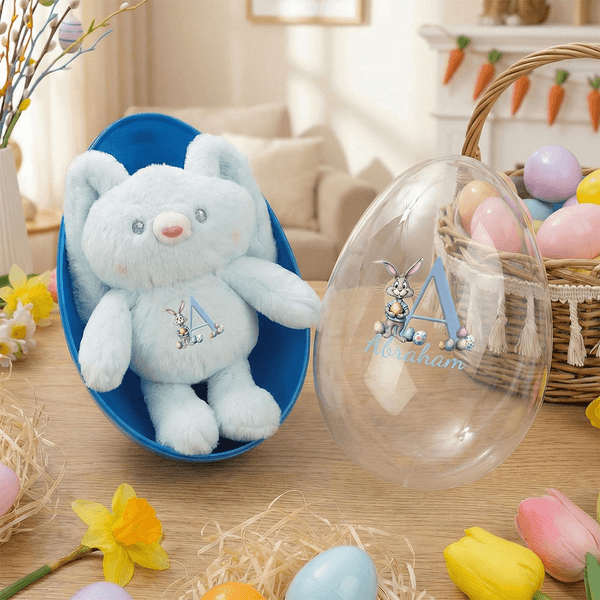 Personalised Cute Rabbit Bunny Initial Fillable Jumbo Easter Egg and Stretchable Plush Bunny Set Easter Birthday Party Favors Gift for Kids