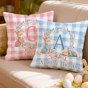 Personalised Cute Bunny Wreath Grid Soft Cushion Cover with Name Room Decor Easter Party Gift for Boys Girls