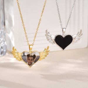 Personalised Angel Wings Photo Necklace with Text Memorable Jewellery Birthday Anniversary Gift for Women