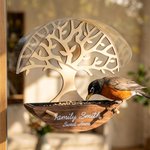 Comedero para pájaros redondo en forma de árbol de la vida, de madera, impermeable y personalizable, con nombre, año y texto Regalo conmemorativo por la pérdida de un ser querido